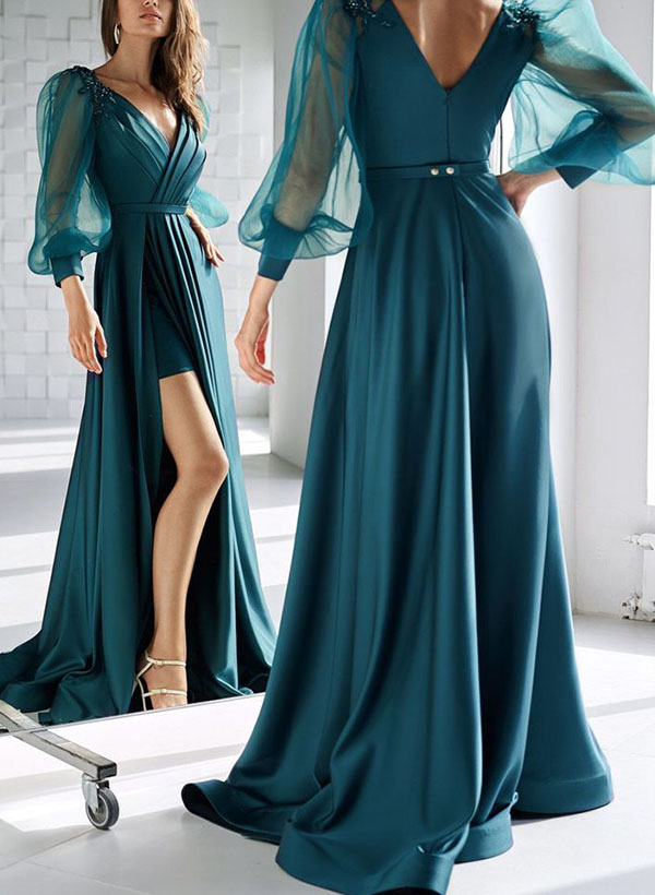 A-Line V-Neck Long Sleeves Sweep Train Satin Evening Dresses With Split Front