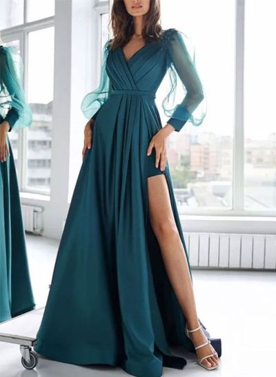 A-Line V-Neck Long Sleeves Sweep Train Satin Evening Dresses With Split Front