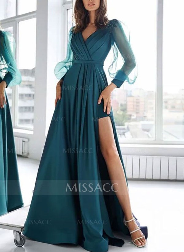 A-Line V-Neck Long Sleeves Sweep Train Satin Evening Dresses With Split Front