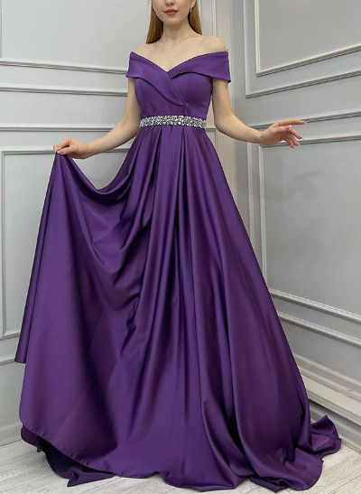 A-Line Off-The-Shoulder Sleeveless Silk Like Satin Evening Dresses With Rhinestone
