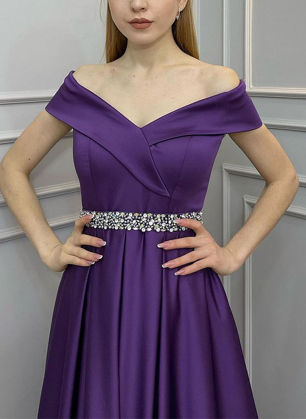 A-Line Off-The-Shoulder Sleeveless Silk Like Satin Evening Dresses With Rhinestone