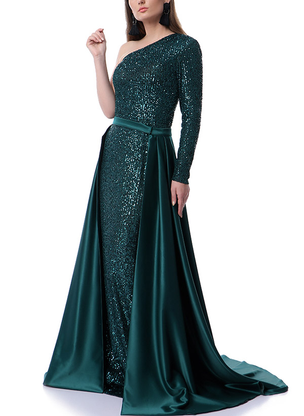A-Line One-Shoulder Long Sleeves Sweep Train Sequined Evening Dresses