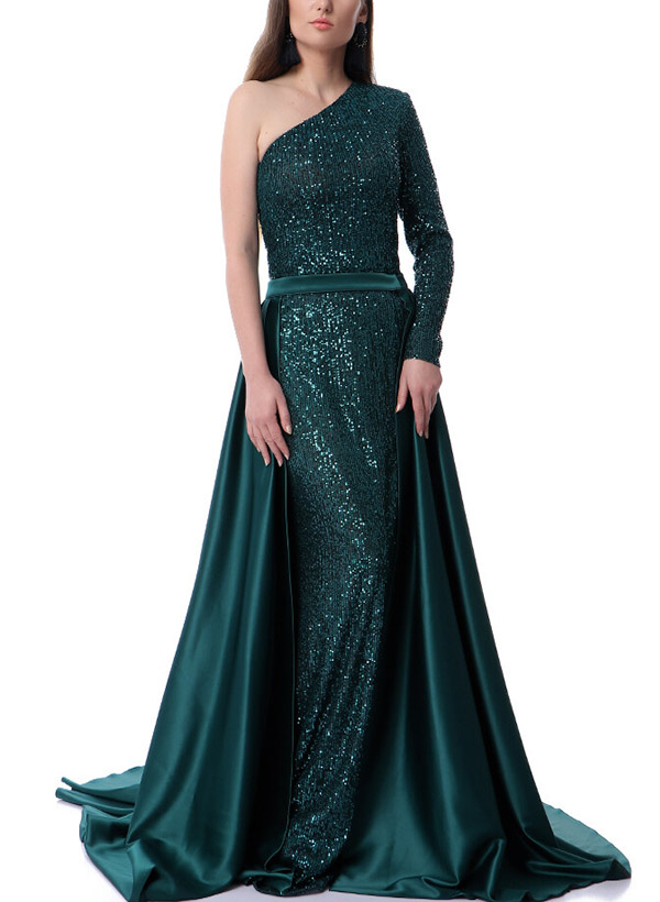 A-Line One-Shoulder Long Sleeves Sweep Train Sequined Evening Dresses
