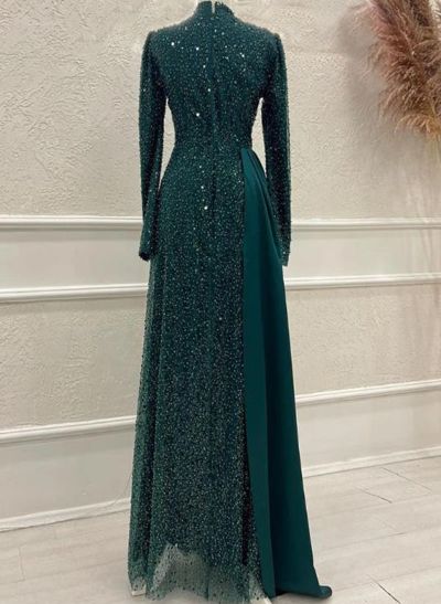 A-Line High Neck Long Sleeves Sweep Train Sequined Evening Dresses