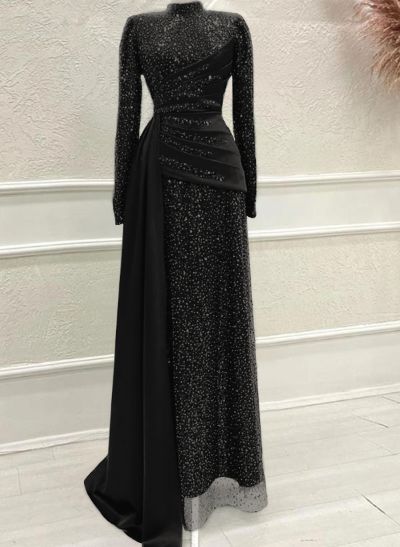 A-Line High Neck Long Sleeves Sweep Train Sequined Evening Dresses