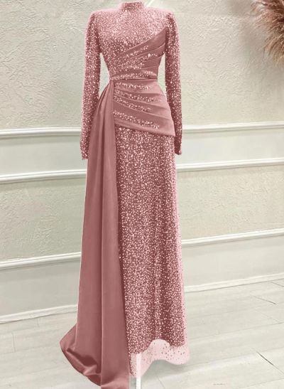 A-Line High Neck Long Sleeves Sweep Train Sequined Evening Dresses
