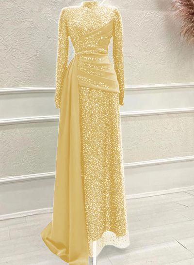 A-Line High Neck Long Sleeves Sweep Train Sequined Evening Dresses