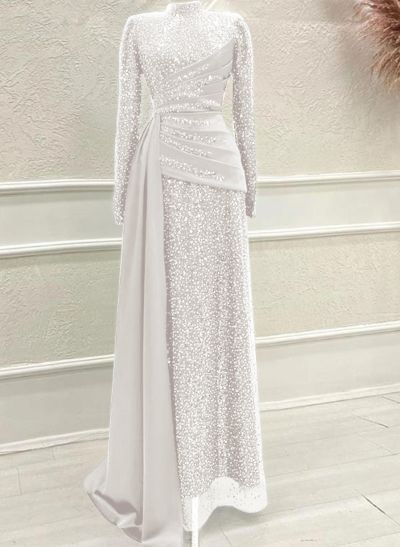 A-Line High Neck Long Sleeves Sweep Train Sequined Evening Dresses