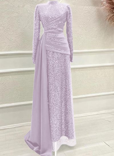 A-Line High Neck Long Sleeves Sweep Train Sequined Evening Dresses