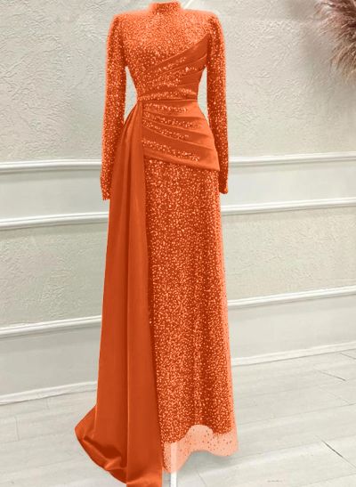 A-Line High Neck Long Sleeves Sweep Train Sequined Evening Dresses