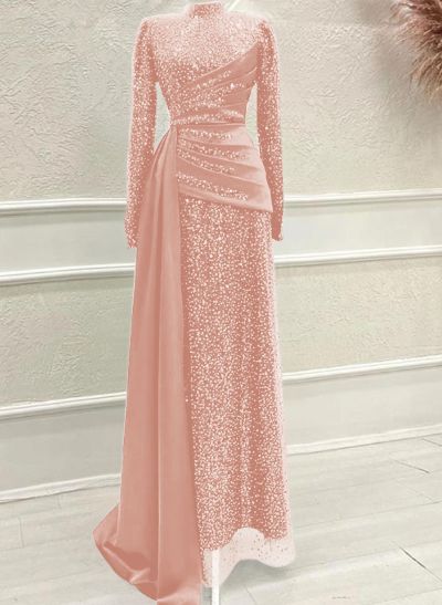 A-Line High Neck Long Sleeves Sweep Train Sequined Evening Dresses