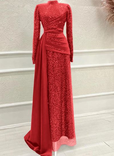 A-Line High Neck Long Sleeves Sweep Train Sequined Evening Dresses A-Line High Neck Long Sleeves Sweep Train Sequined Evening Dresses