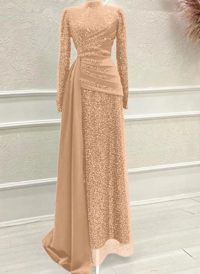 A-Line High Neck Long Sleeves Sweep Train Sequined Evening Dresses