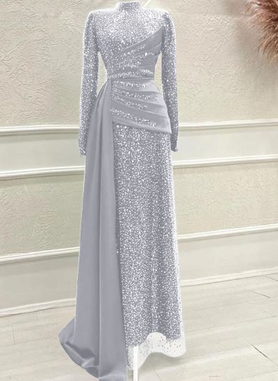 A-Line High Neck Long Sleeves Sweep Train Sequined Evening Dresses