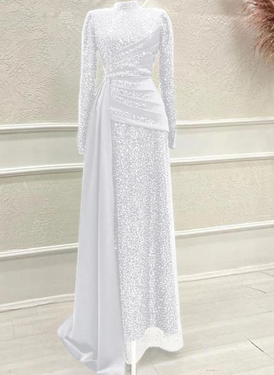 A-Line High Neck Long Sleeves Sweep Train Sequined Evening Dresses
