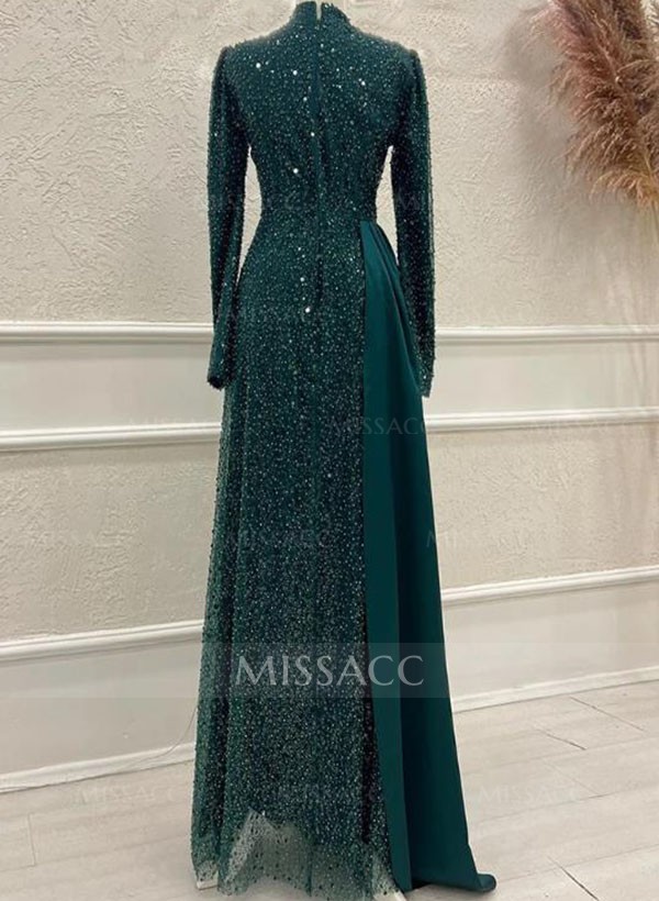 A-Line High Neck Long Sleeves Sweep Train Sequined Evening Dresses