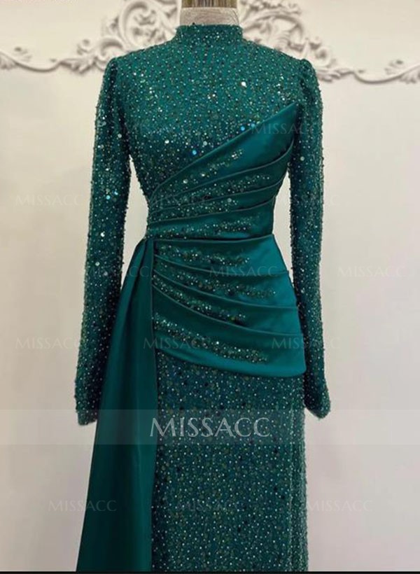 A-Line High Neck Long Sleeves Sweep Train Sequined Evening Dresses