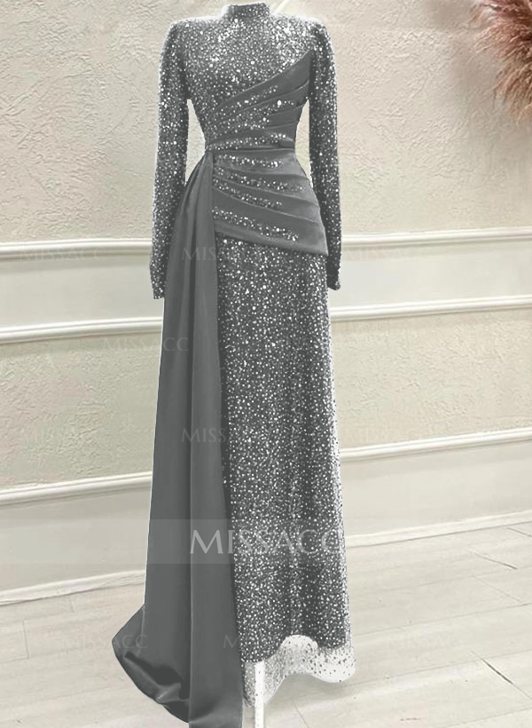 A-Line High Neck Long Sleeves Sweep Train Sequined Evening Dresses