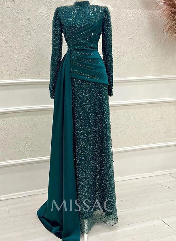 A-Line High Neck Long Sleeves Sweep Train Sequined Evening Dresses A-Line High Neck Long Sleeves Sweep Train Sequined Evening Dresses