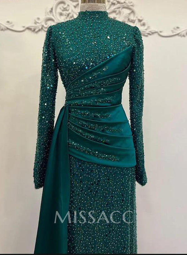 A-Line High Neck Long Sleeves Sweep Train Sequined Evening Dresses A-Line High Neck Long Sleeves Sweep Train Sequined Evening Dresses