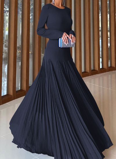 A-Line Pleated Long Sleeves Floor-Length Chiffon Evening Dresses