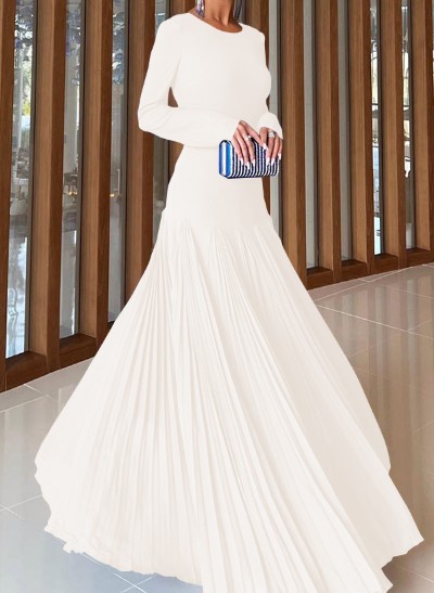 A-Line Pleated Long Sleeves Floor-Length Chiffon Evening Dresses