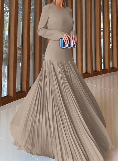 A-Line Pleated Long Sleeves Floor-Length Chiffon Evening Dresses