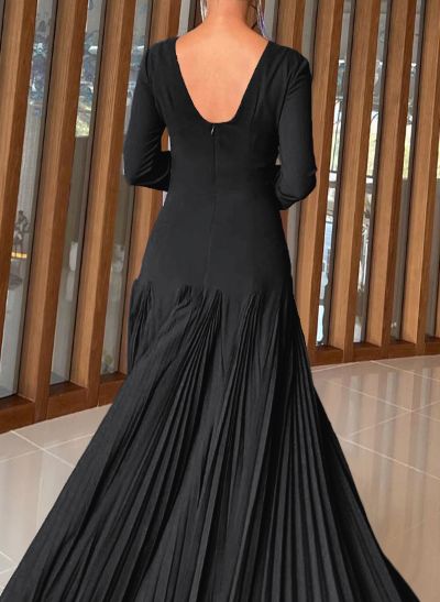 A-Line Pleated Long Sleeves Floor-Length Chiffon Evening Dresses