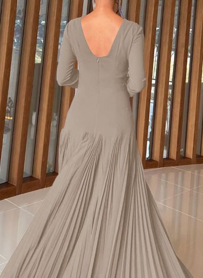 A-Line Pleated Long Sleeves Floor-Length Chiffon Evening Dresses