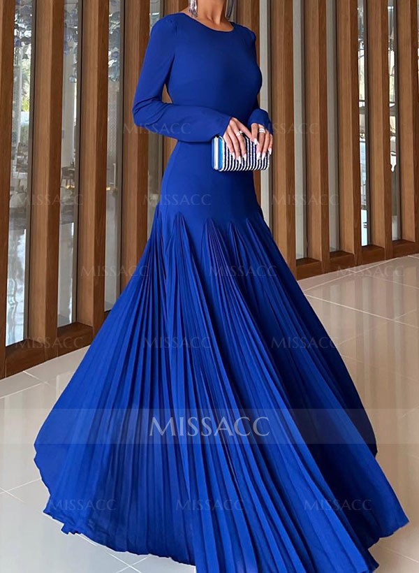 A-Line Pleated Long Sleeves Floor-Length Chiffon Evening Dresses