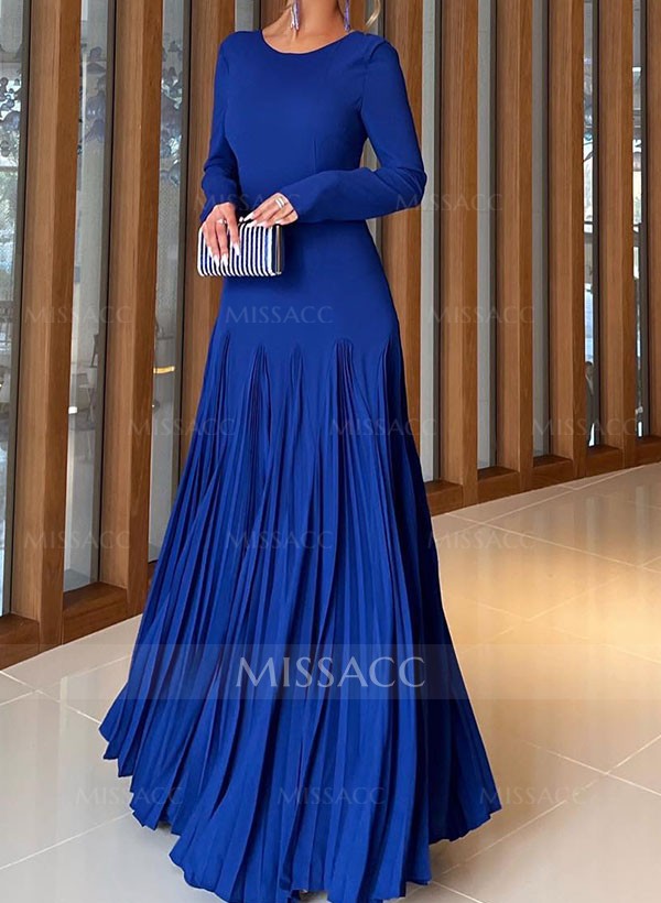 A-Line Pleated Long Sleeves Floor-Length Chiffon Evening Dresses