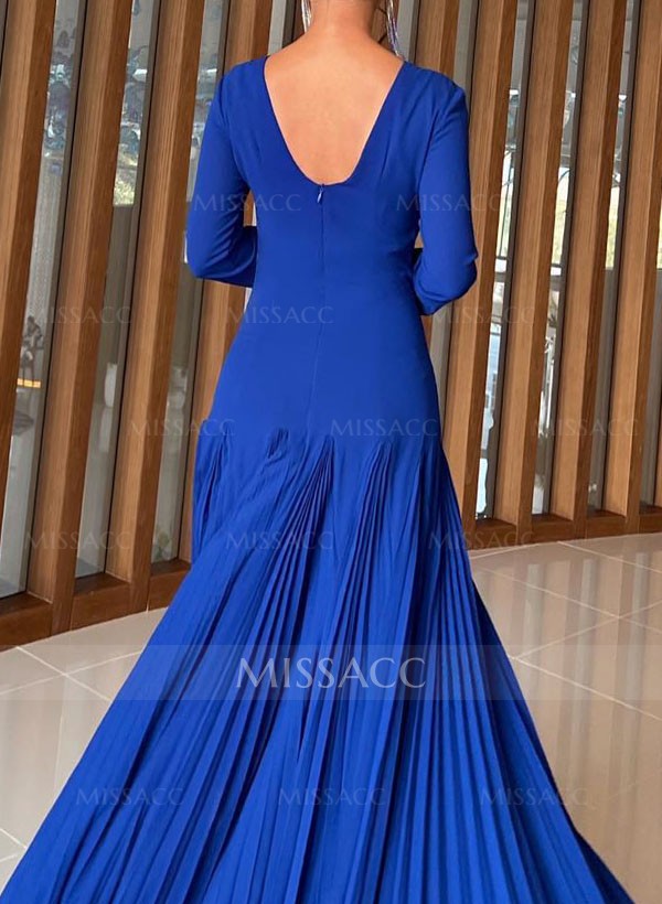 A-Line Pleated Long Sleeves Floor-Length Chiffon Evening Dresses