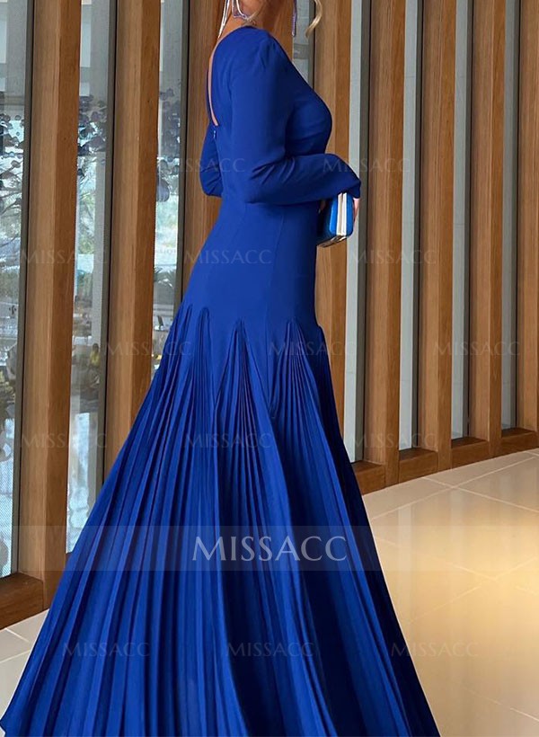 A-Line Pleated Long Sleeves Floor-Length Chiffon Evening Dresses