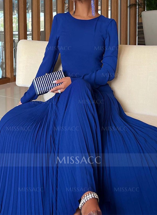 A-Line Pleated Long Sleeves Floor-Length Chiffon Evening Dresses