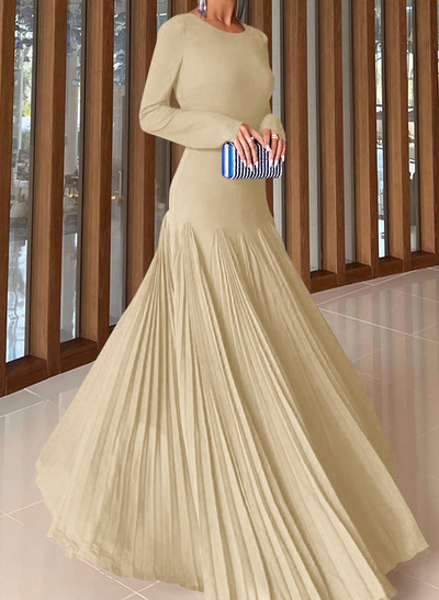 A-Line Pleated Long Sleeves Floor-Length Chiffon Evening Dresses