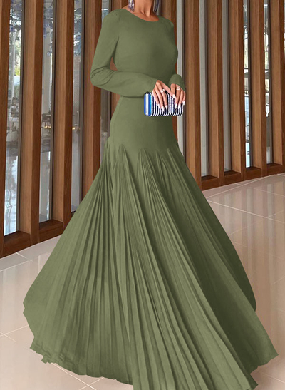 A-Line Pleated Long Sleeves Floor-Length Chiffon Evening Dresses