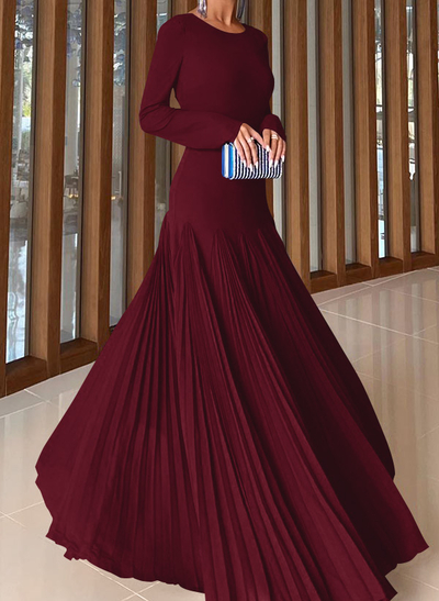 A-Line Pleated Long Sleeves Floor-Length Chiffon Evening Dresses