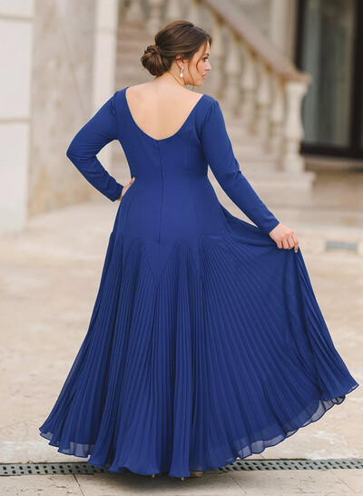 A-Line Pleated Long Sleeves Floor-Length Chiffon Evening Dresses