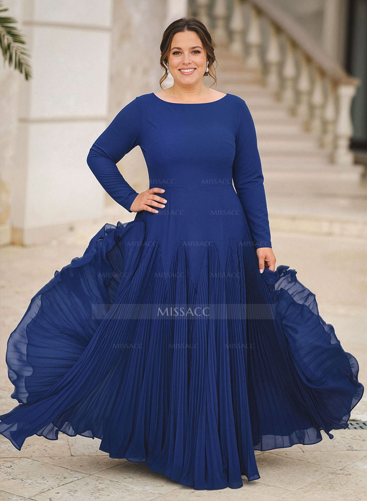 A-Line Pleated Long Sleeves Floor-Length Chiffon Evening Dresses