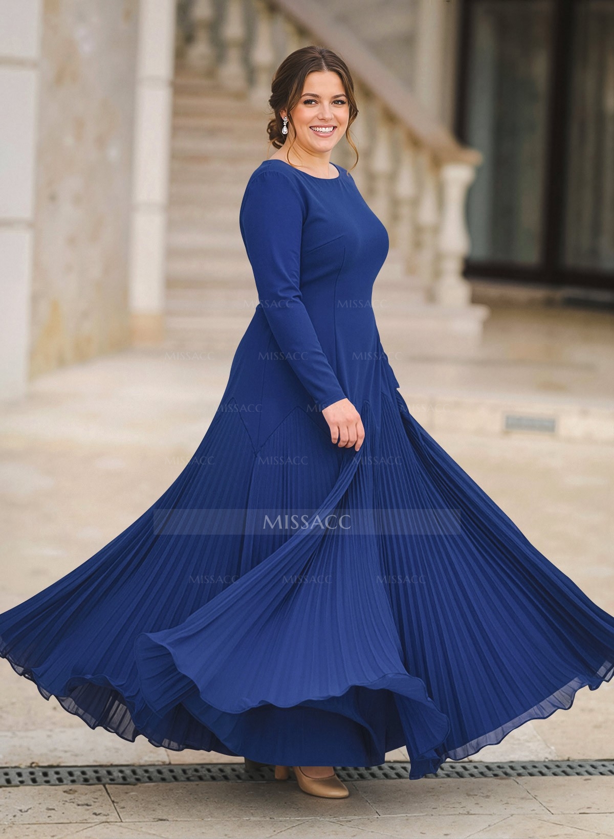 A-Line Pleated Long Sleeves Floor-Length Chiffon Evening Dresses