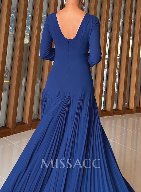 A-Line Pleated Long Sleeves Floor-Length Chiffon Evening Dresses A-Line Pleated Long Sleeves Floor-Length Chiffon Evening Dresses
