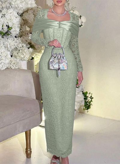 Sheath/Column Square Neckline Long Sleeves Lace Evening Dresses