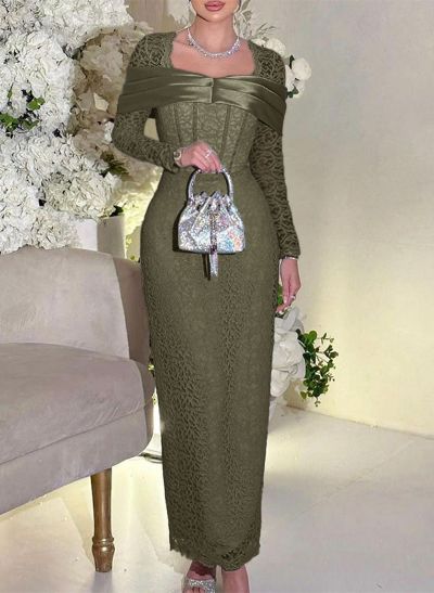Sheath/Column Square Neckline Long Sleeves Lace Evening Dresses