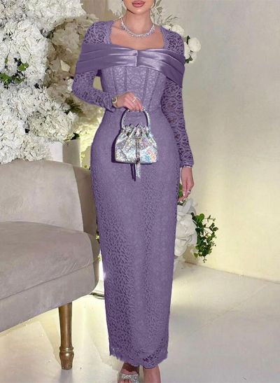 Sheath/Column Square Neckline Long Sleeves Lace Evening Dresses