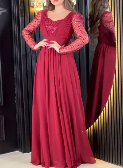 A-Line Long Sleeves Floor-Length Sequined Evening Dresses