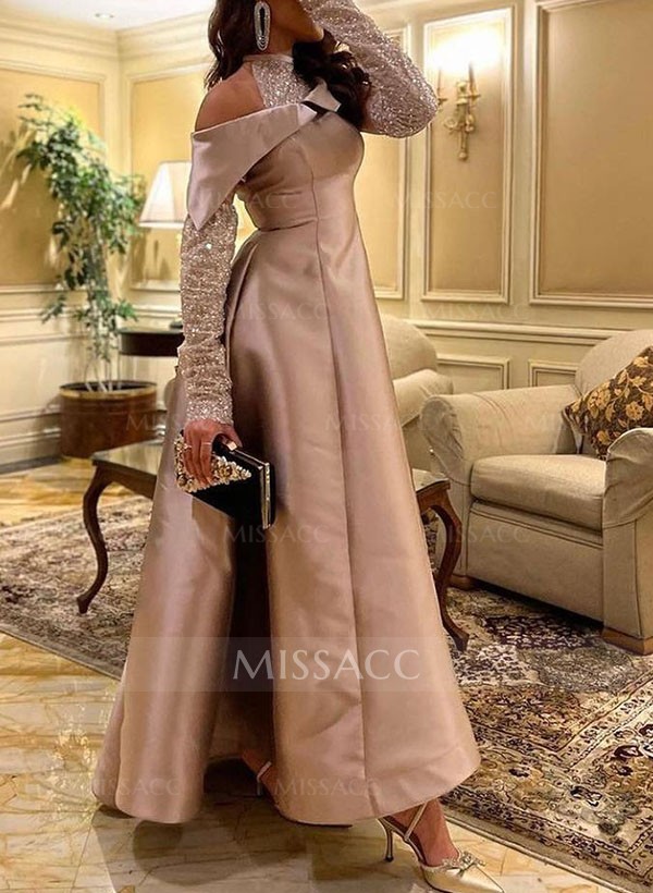 A-Line Halter Long Sleeves Floor-Length Sequined Evening Dresses