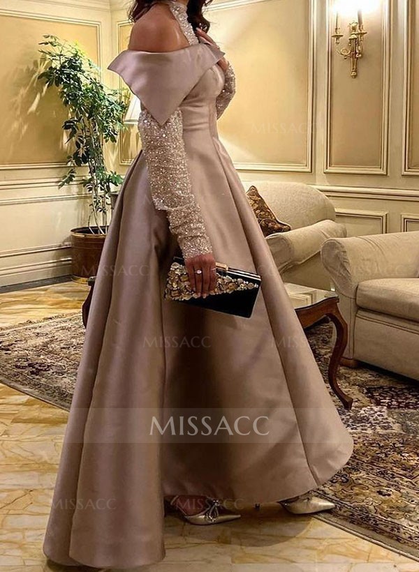 A-Line Halter Long Sleeves Floor-Length Sequined Evening Dresses