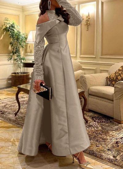 A-Line Halter Long Sleeves Floor-Length Sequined Evening Dresses