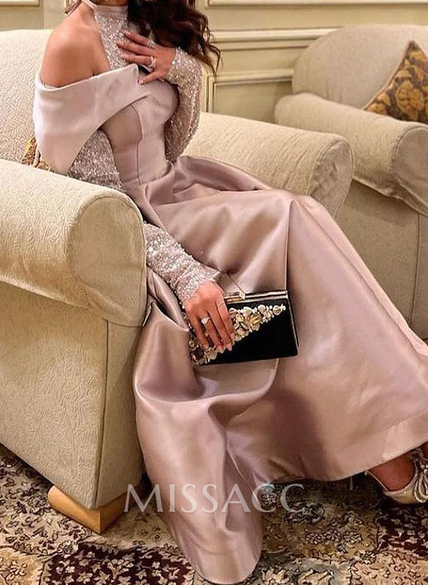 A-Line Halter Long Sleeves Floor-Length Sequined Evening Dresses A-Line Halter Long Sleeves Floor-Length Sequined Evening Dresses