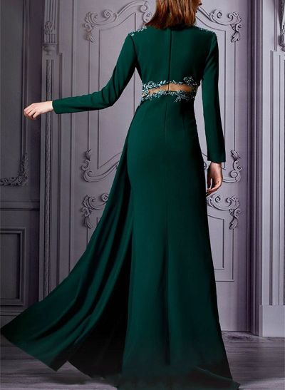 A-Line High Neck Long Sleeves Elastic Satin Evening Dresses With Split Front
